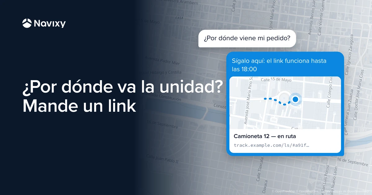 Un chat sobre el mapa de Monterrey: el cliente pregunta por dónde viene su pedido y la empresa responde con un link que muestra la camioneta en el mapa hasta las 18:00