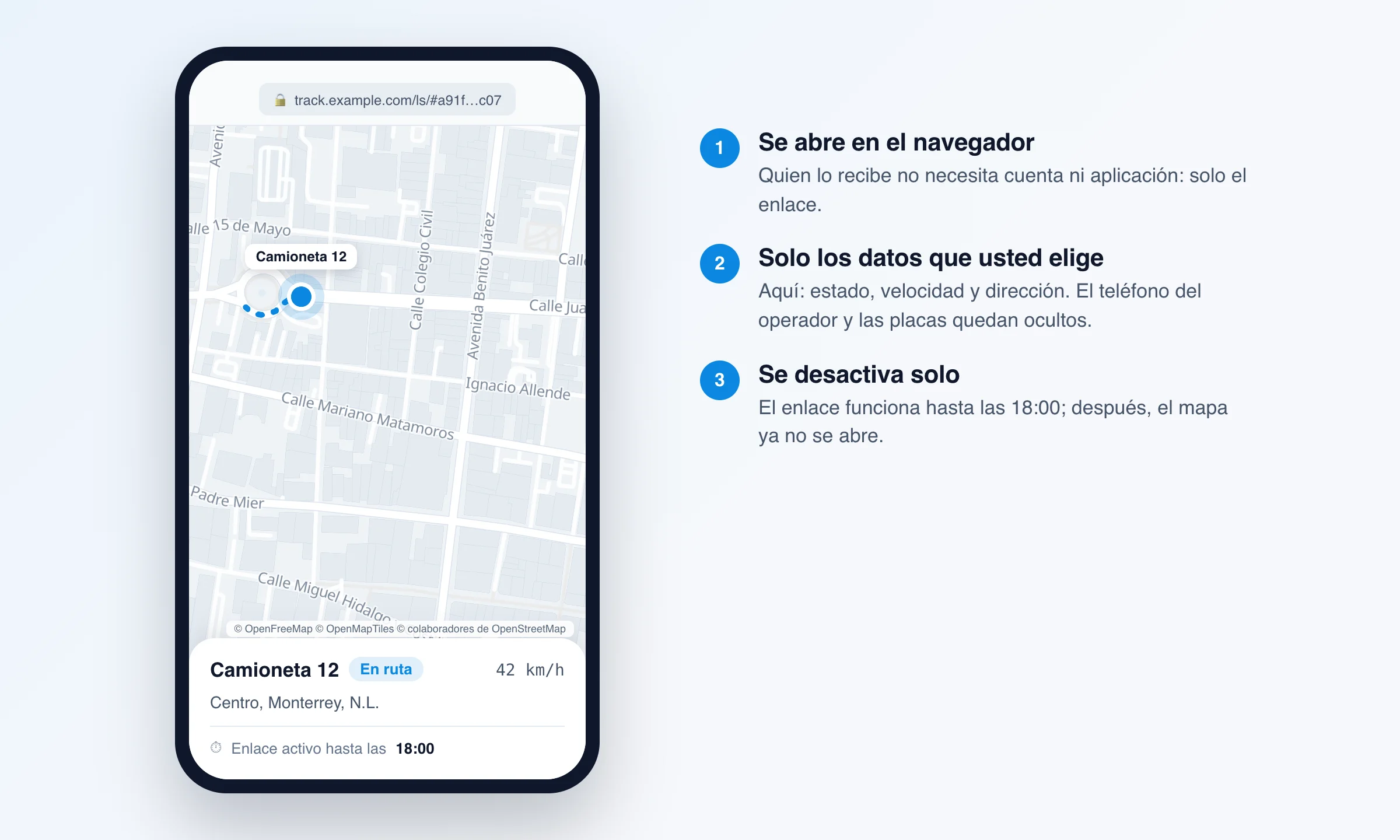 Quien recibe el geo link lo abre en el navegador del celular: una camioneta en el mapa de Monterrey, estado En ruta, velocidad, zona y un enlace activo hasta las 18:00