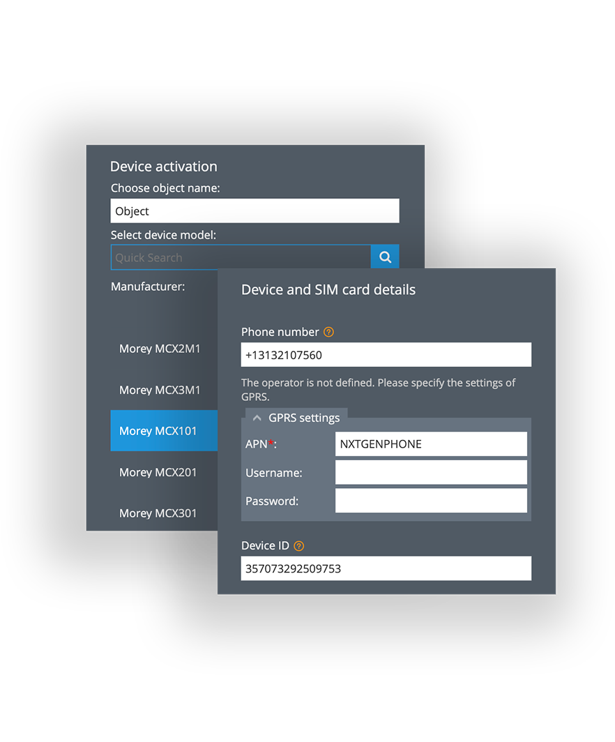 Navixy interface. Fully automated device activation in seconds, including detection of the SIM-card APN settings