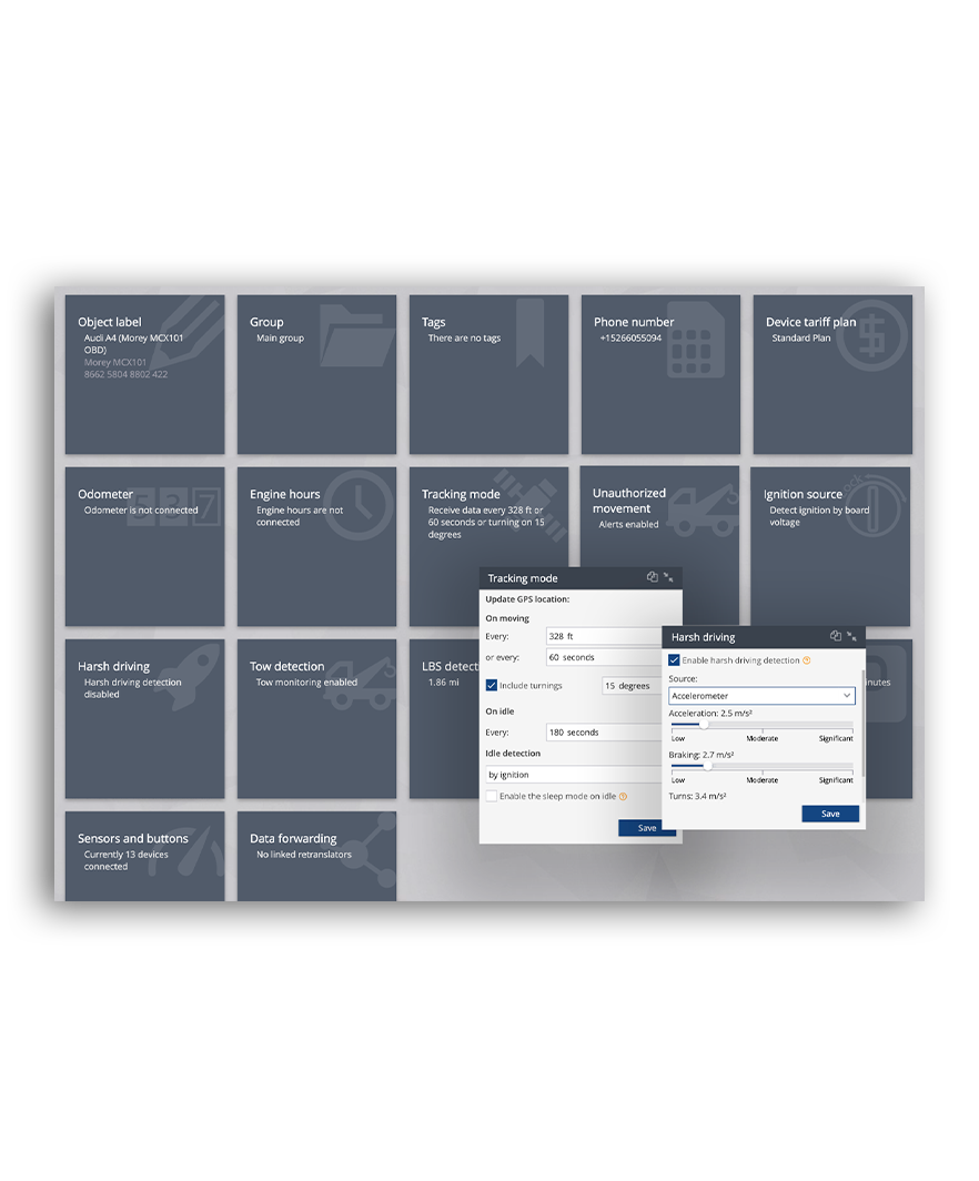 Navixy interface. Remote device configuration via an intuitive user interface (can be disabled - optional)