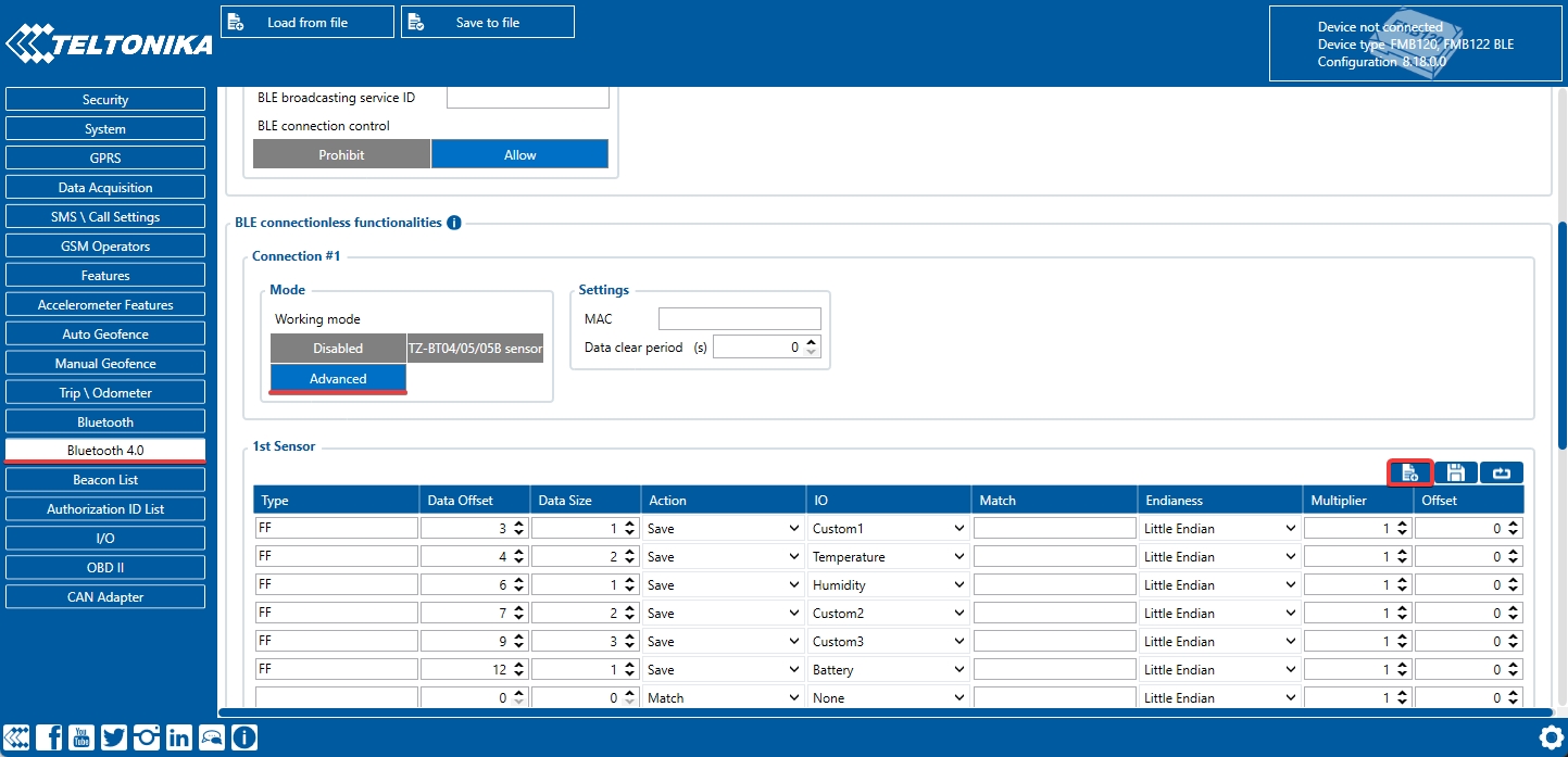 Setting the Advanced mode for the sensor and the location of the Preset list button