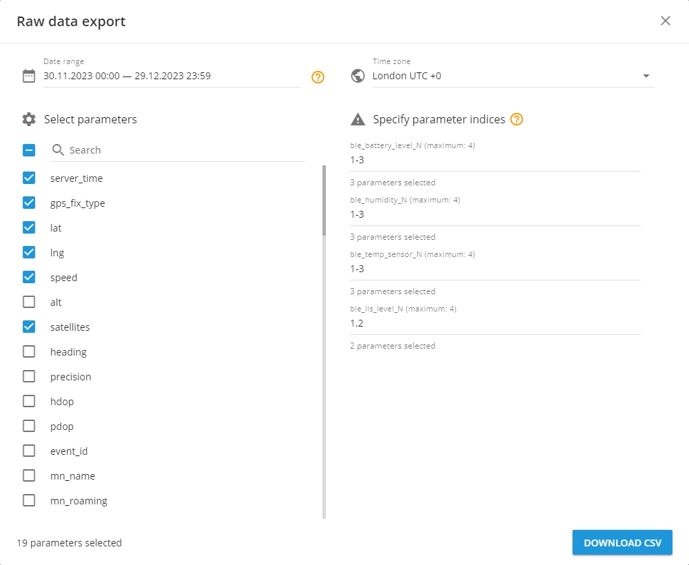 Raw data export tool file configuration window with chosen parameters