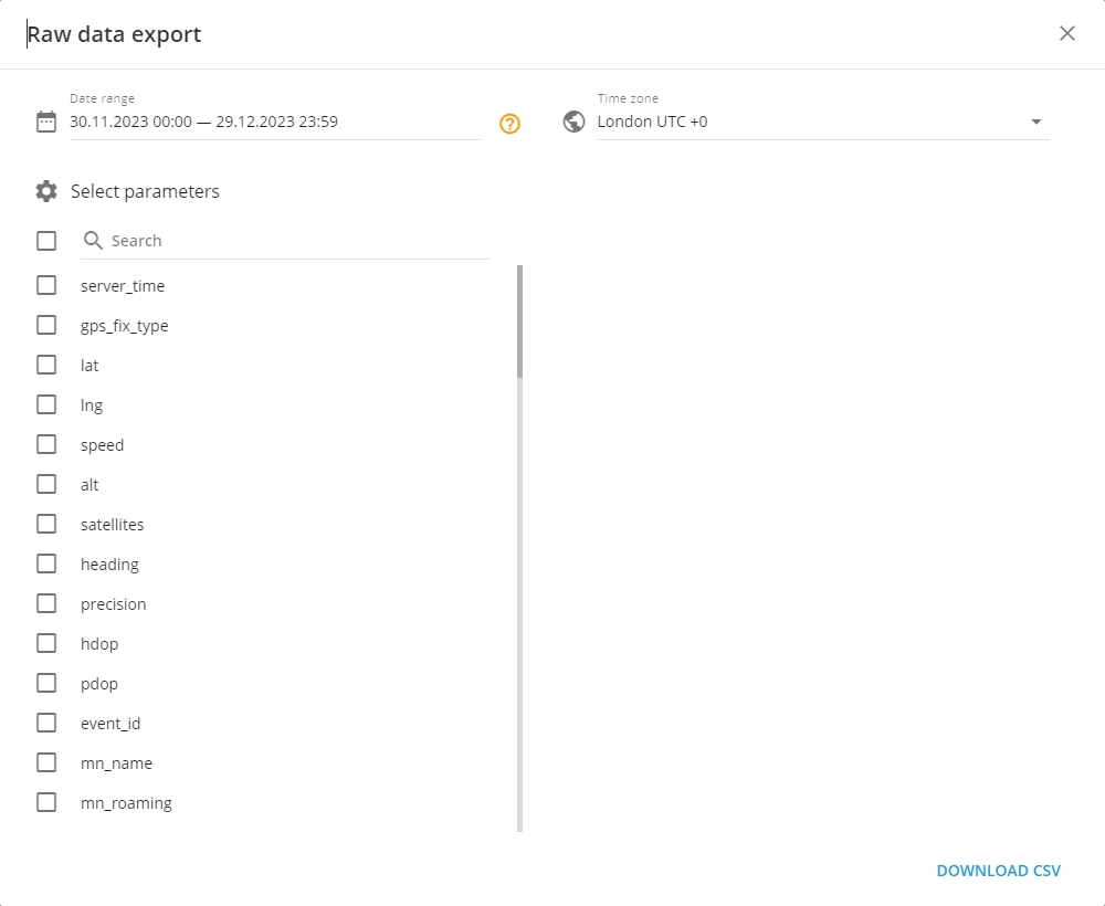 Raw data export tool file configuration window