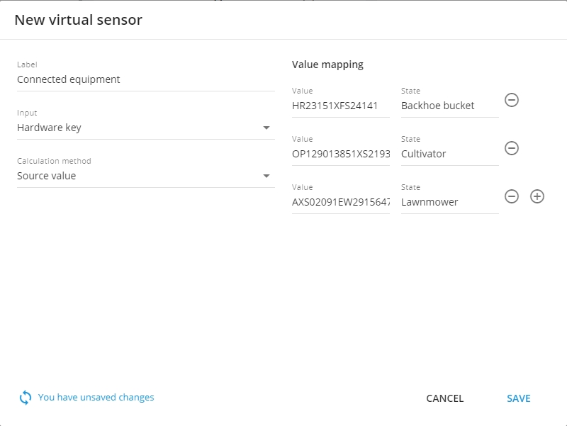 Configuration example for source value calculation method for hardware key or state field sensor reading