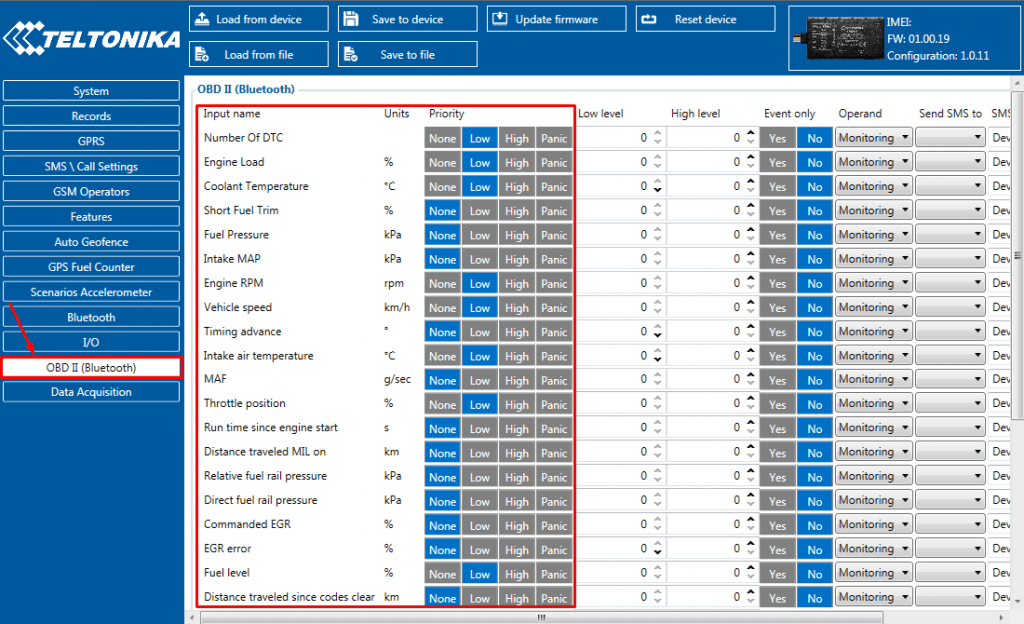 La sección OBD2 en FMB Configurator