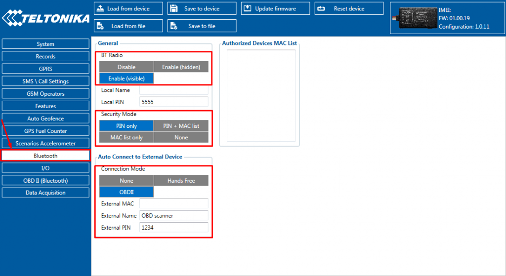 La sección Bluetooth en FMB Configurator