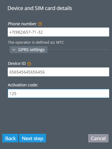 Enter device details