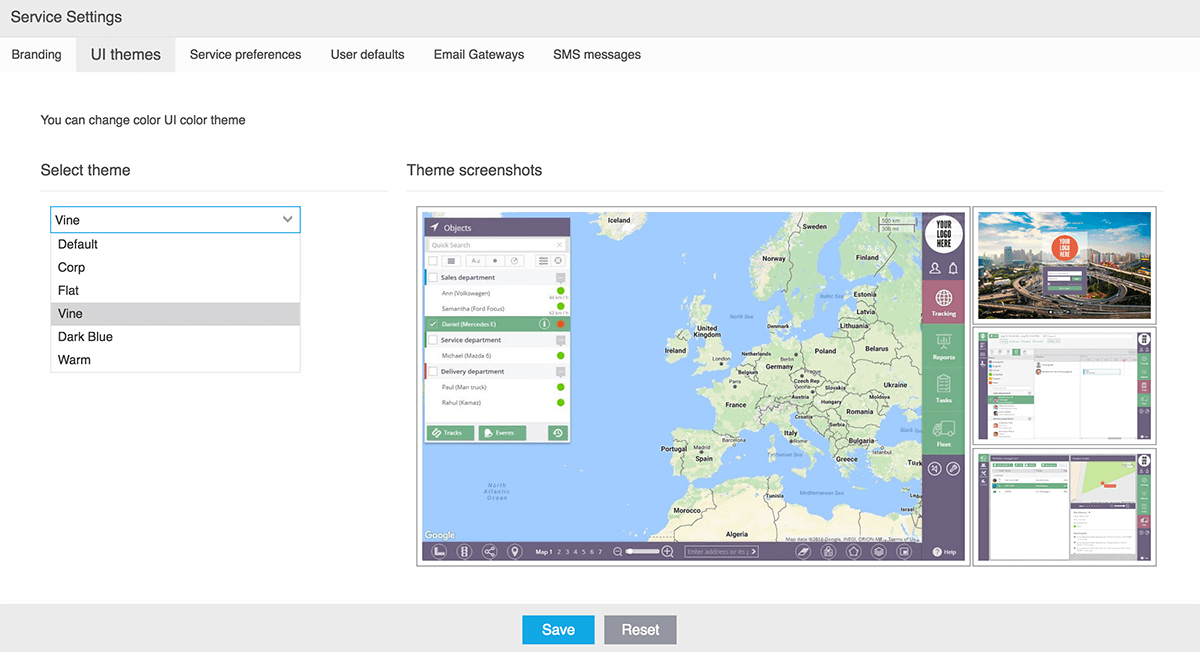 Apply color palette to Web UI that match your brand Selecting color palette in Admin panel