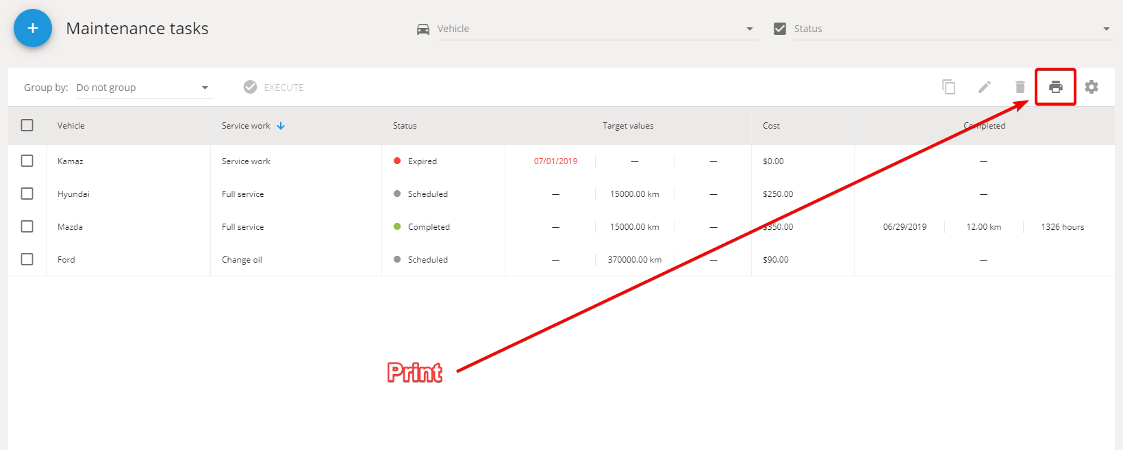 Print maintenance task list