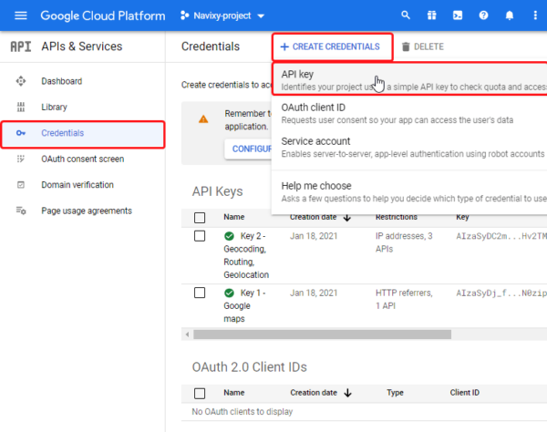 Create Google API keys