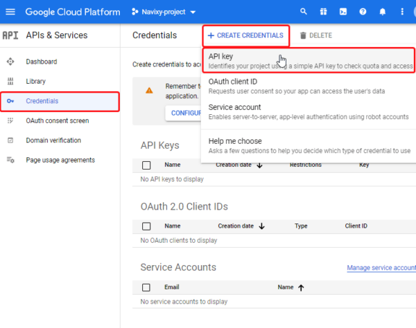 Create Google API keys