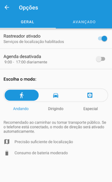 Configurações do aplicativo X-GPS Tracker