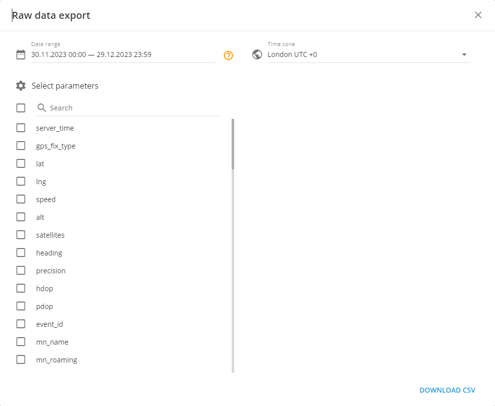 Raw data export tool file configuration window