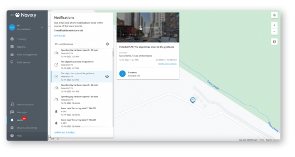 Geofence alert and location data in Navixy