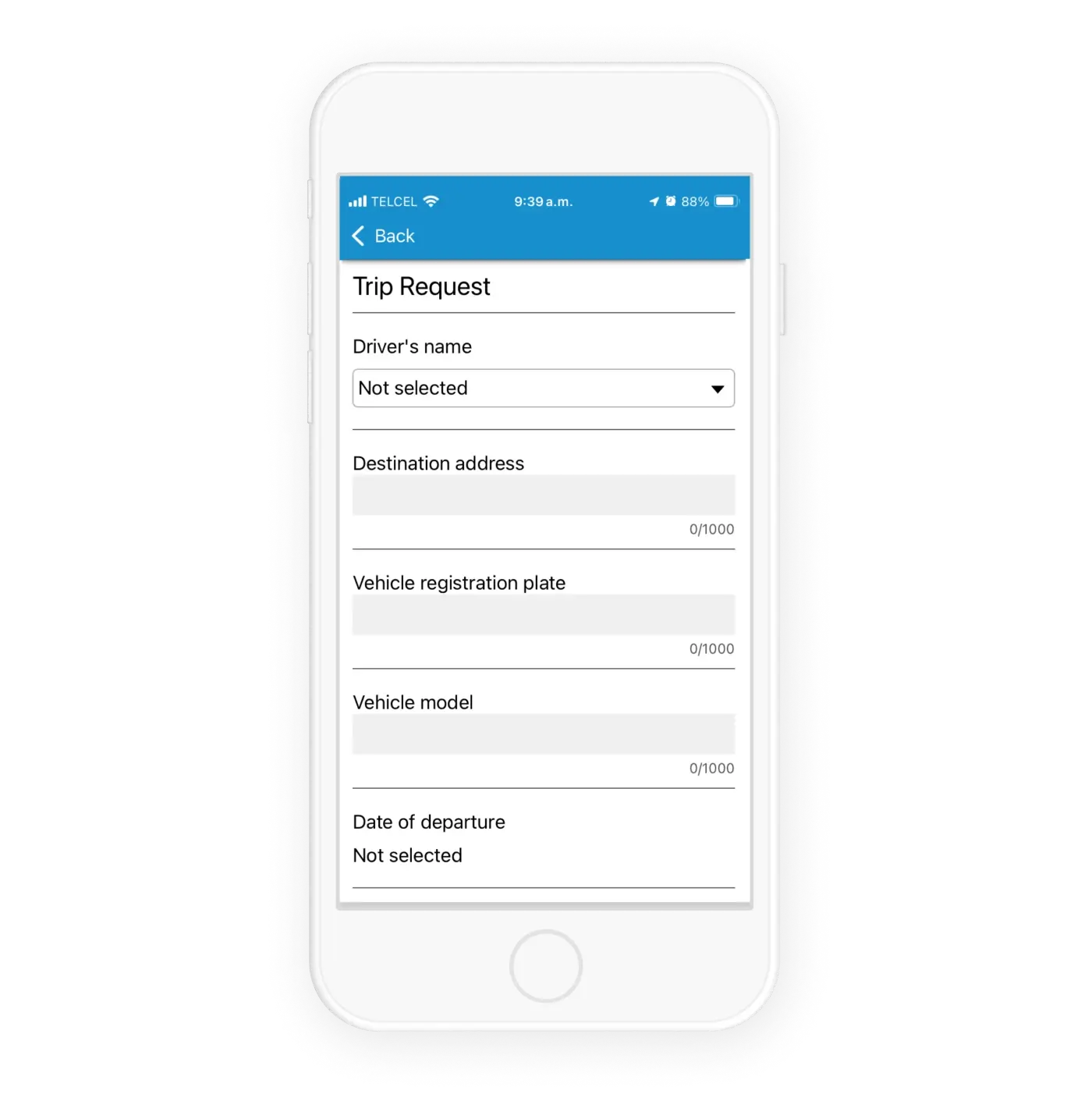 Proactive field safety with X-GPS Tracker: enhance protection and mitigate risks Trip request form in X-GPS Tracker app.